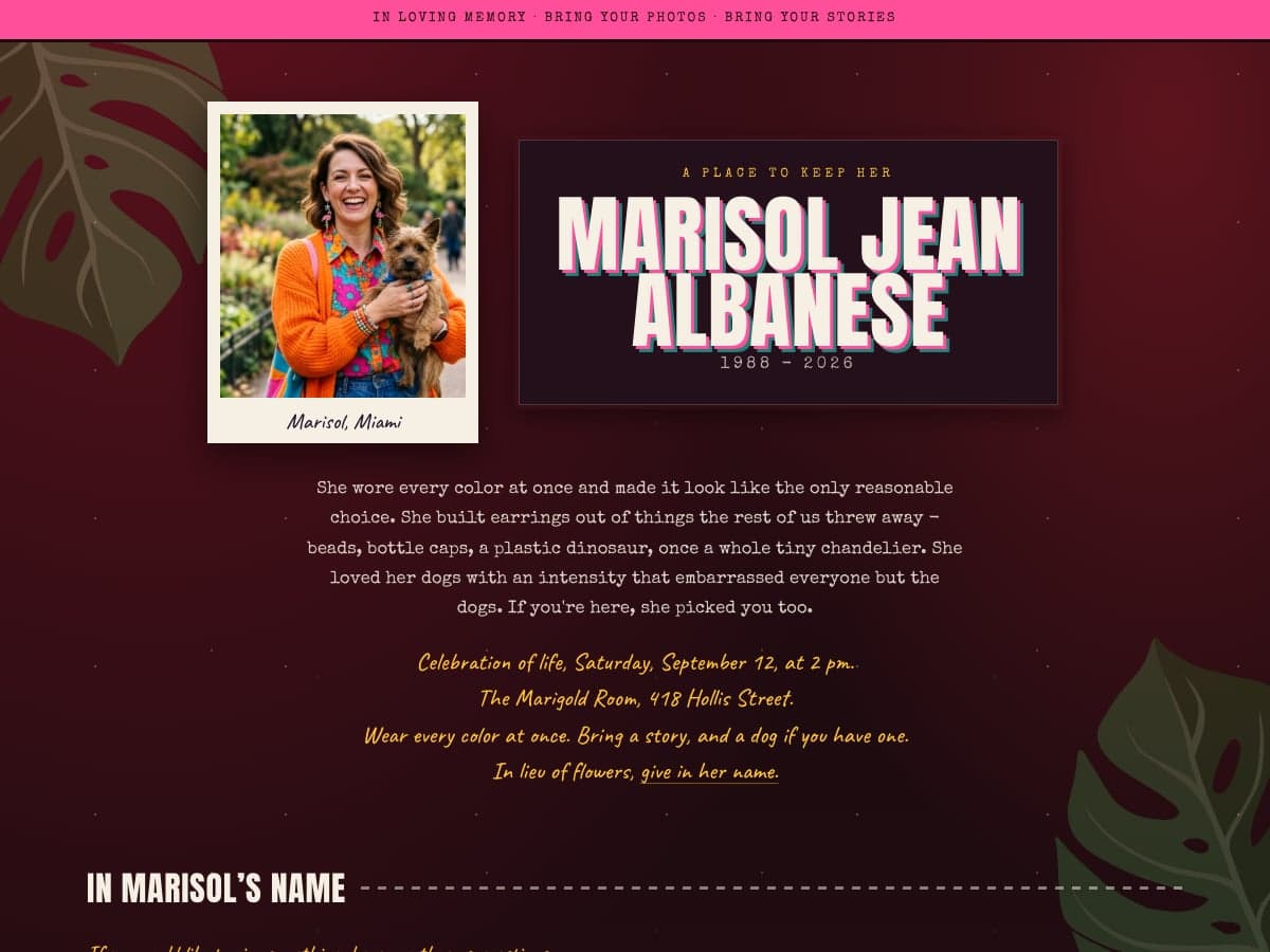 Preview of Marisol’s memorial page