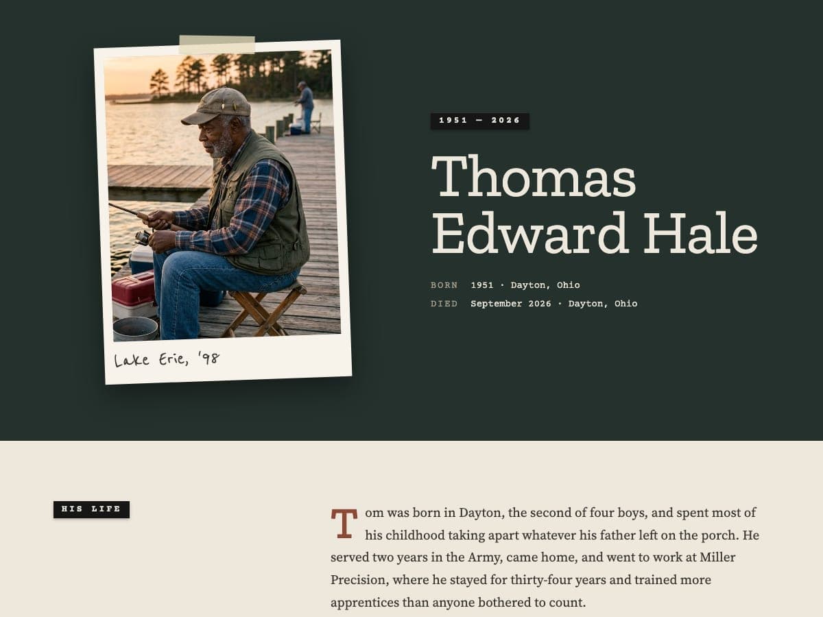 Preview of Tom’s memorial page