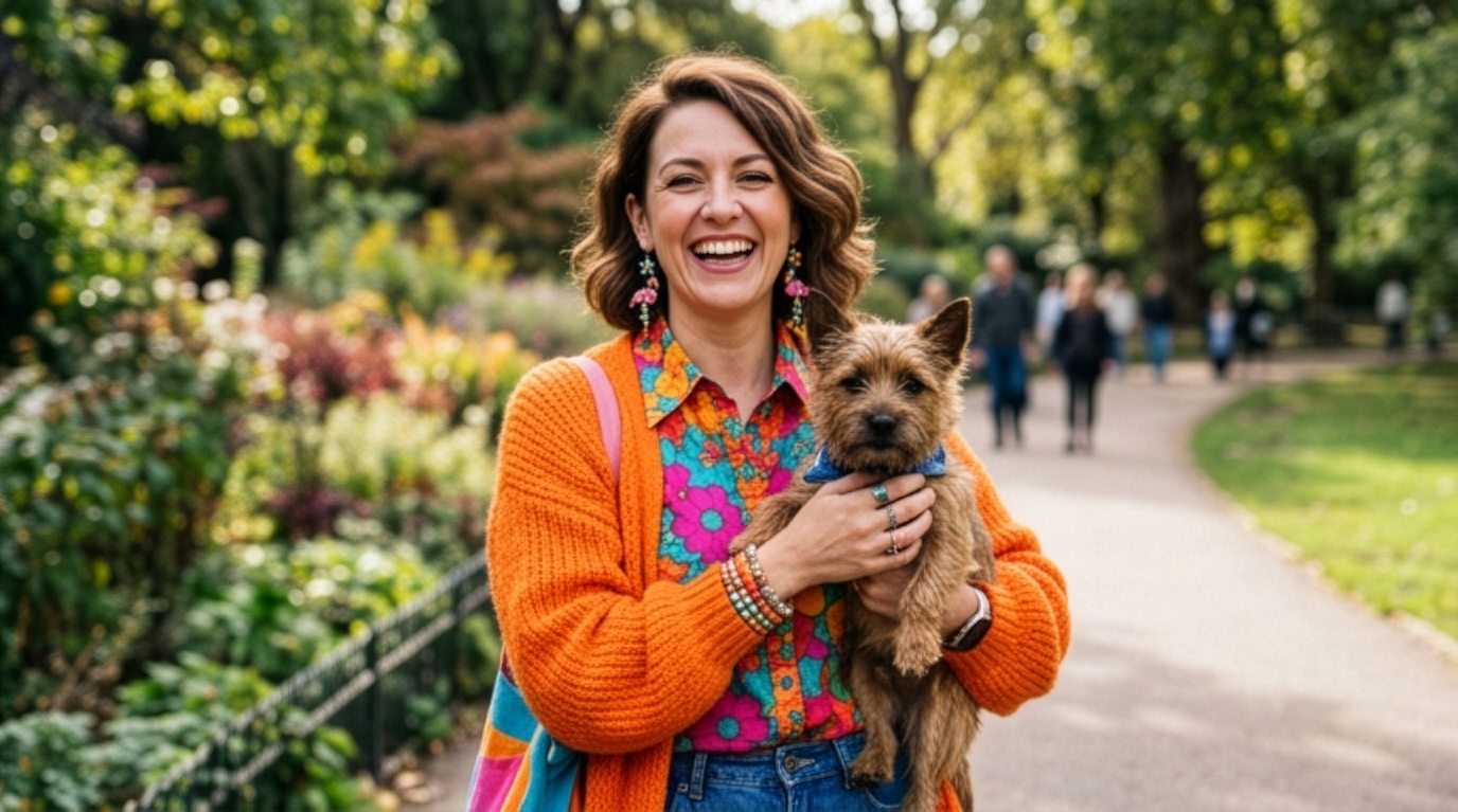 Marisol, laughing, holding a small terrier
