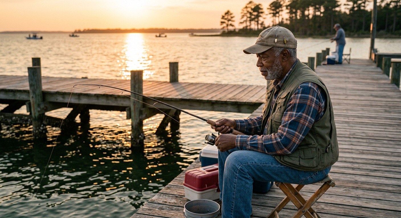Tom fishing off a dock at sunset